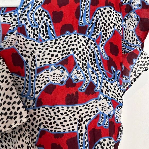 Parker Peplum Top Leopard Silk Small Red White Cheetah Print Ruffle Short Sleeve - Picture 5 of 14